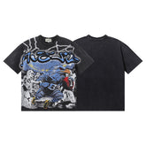MAJESTIK Electric Lightning Cyber Football Player Graphic T-Shirt Unisex Acid Wash Black Y2K Athletic Oversized Streetwear Short Sleeve Top