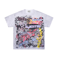 MAJESTIK All-Over Print Abstract Graffiti T-Shirt Unisex Light Grey Y2K Cyber Punk Fearless Oversized Streetwear Short Sleeve Top