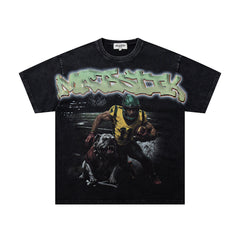 MAJESTIK Football Player Graphic T-Shirt Unisex Acid Wash Black Y2K Athletic Sports Oversized Streetwear Short Sleeve Top