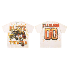 MAJESTIK Fearless 00 Gorilla Graphic T-Shirt Unisex Cream Off-White Y2K Streetwear Lightning Wash Short Sleeve Top