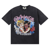 MAJESTIK Vintage Cherub Angel Graphic T-Shirt Unisex Acid Wash Black Y2K Pink Script Fearless Oversized Streetwear Short Sleeve Top