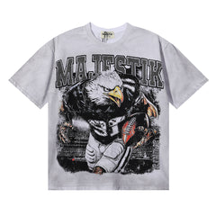 MAJESTIK Eagle Football Mascot Graphic T-Shirt Unisex Washed Grey Y2K Sports Varsity Oversized Streetwear Short Sleeve Top