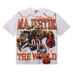 MAJESTIK Cyber Beast Football Graphic T-Shirt Unisex Washed White Y2K Orange Lightning Fearless 00 Varsity Oversized Streetwear Short Sleeve Top