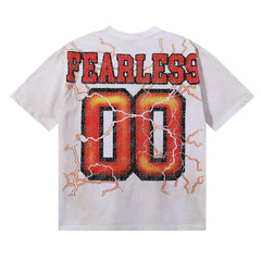 MAJESTIK Cyber Beast Football Graphic T-Shirt Unisex Washed White Y2K Orange Lightning Fearless 00 Varsity Oversized Streetwear Short Sleeve Top
