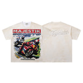 MAJESTIK Superbike Racing Graphic T-Shirt Unisex Washed Cream Y2K Biker Sports Dual-Sided Heavyweight Oversized Streetwear Short Sleeve Top
