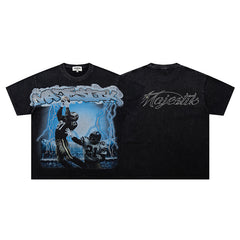 MAJESTIK Electric Lightning Football Player Graphic T-Shirt Unisex Acid Wash Black Y2K Cyber Athletic Oversized Streetwear Short Sleeve Top