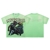 MAJESTIK Football Player & Guard Dog Graphic T-Shirt Unisex Light Green Y2K Vintage Washed Rhinestone Oversized Streetwear Short Sleeve Top