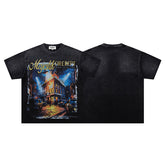 MAJESTIK City Heist Graphic T-Shirt Unisex Acid Wash Black Y2K Vintage Cinematic Noir Oversized Streetwear Short Sleeve Top
