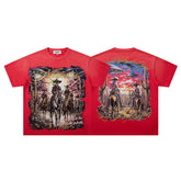 MAJESTIK Western Cowboy Horse Rider Graphic T-Shirt Unisex Red Y2K Vintage Desert Sunset Oversized Streetwear Short Sleeve Top