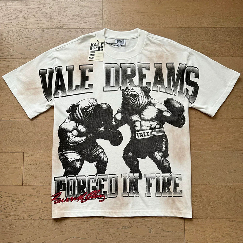 VALEFOREVER White Boxing Fighter Forged In Fire Retro Graphic Short Sleeve T-Shirt