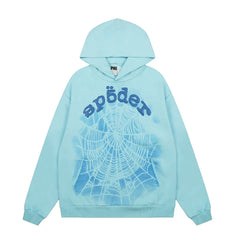 Sp5der Light Blue Pullover Hoodie with Large Front Web Graphic and Arched Logo