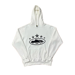 White Vintage Star Graphic Hoodie – Oversized Streetwear Pullover Sweatshirt