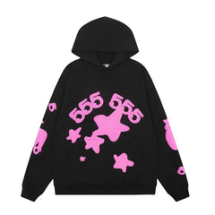 Sp5der Black Pullover Hoodie with Neon Pink "565" and Star Graphics