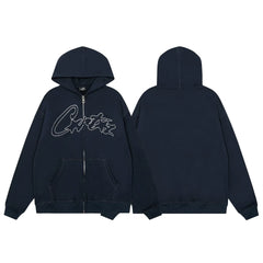Navy Blue Graphic Zip-Up Hoodie | Premium Streetwear Hoodie with Front Script Logo