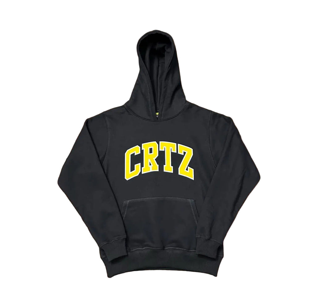 Corteiz “CRTZ” Black Hoodie — Bold Yellow Lettering on Classic Streetwear Silhouette