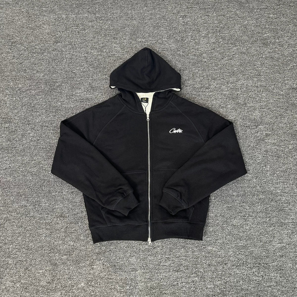 Black Zip-Up Hoodie | Minimalist Streetwear Hoodie with Small Logo Detail