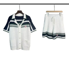 Casablanca Navy Shoulder Stripe Knit Set - White / Navy Blue