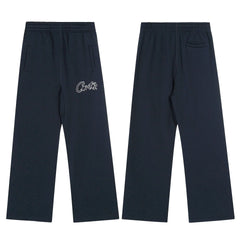Navy Blue Minimalist Straight-Leg Sweatpants | Premium Streetwear Pants with Logo Detail