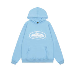 Sky Blue Vintage Graphic Hoodie – Oversized Streetwear Pullover Sweatshirt