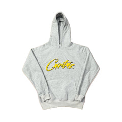 Grey Script Logo Hoodie – Oversized Streetwear Pullover Sweatshirt