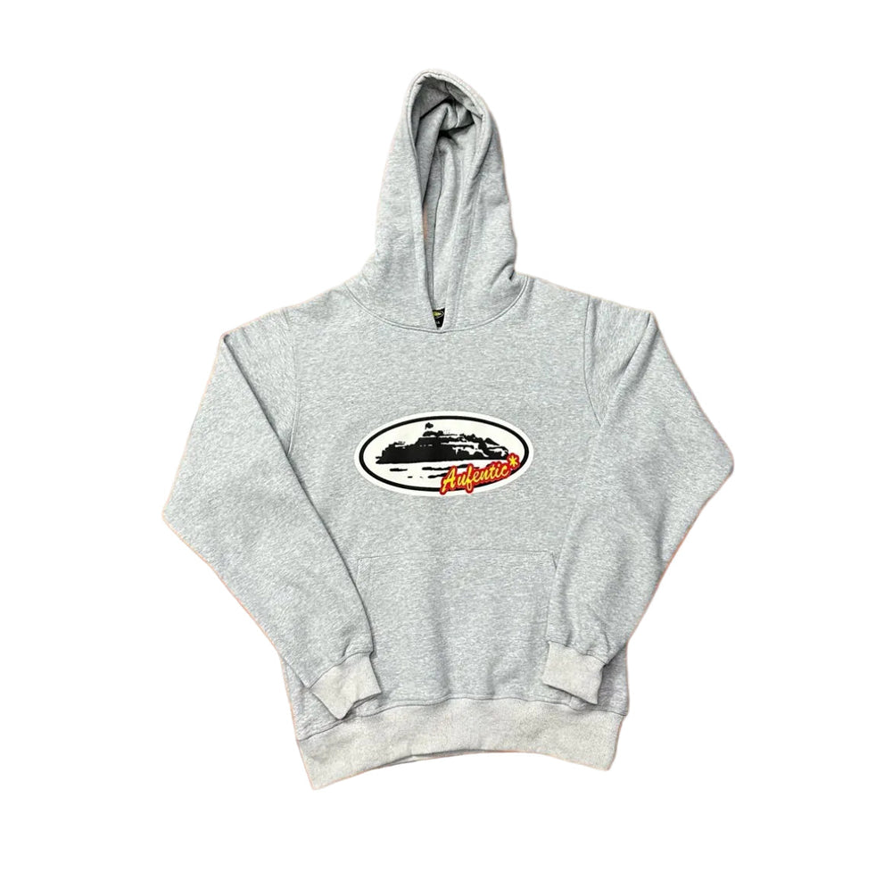 Grey Vintage Oval Graphic Hoodie – Oversized Streetwear Pullover Sweatshirt