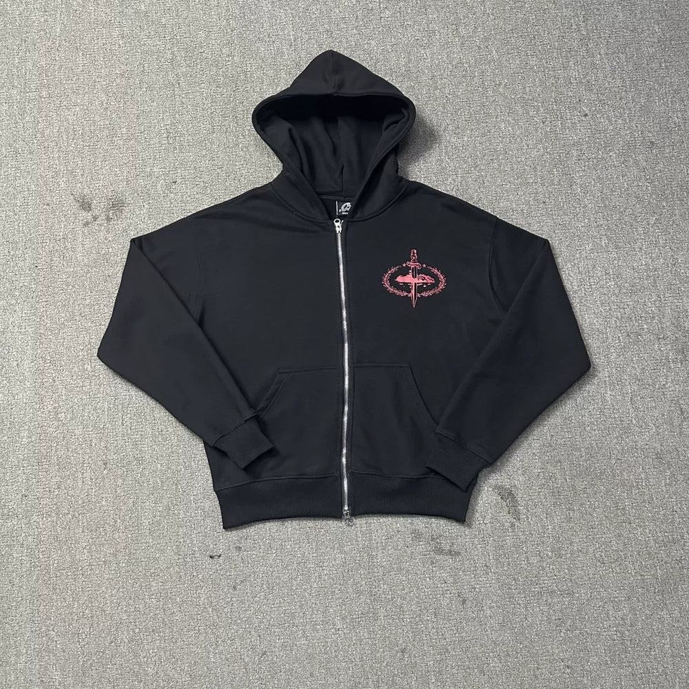 Black Zip-Up Hoodie | Streetwear Hoodie with Red Embroidered Logo Detail