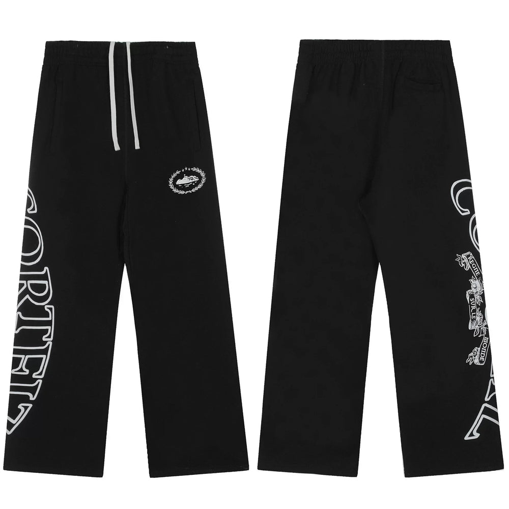 Black Graphic Straight-Leg Sweatpants | Urban Streetwear Pants with Side Print Detail
