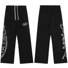 Black Graphic Straight-Leg Sweatpants | Urban Streetwear Pants with Side Print Detail
