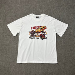 Corteiz “Rules The World” Racing Car Graphic White T-Shirt — Retro Automotive Print on Oversized Streetwear Tee