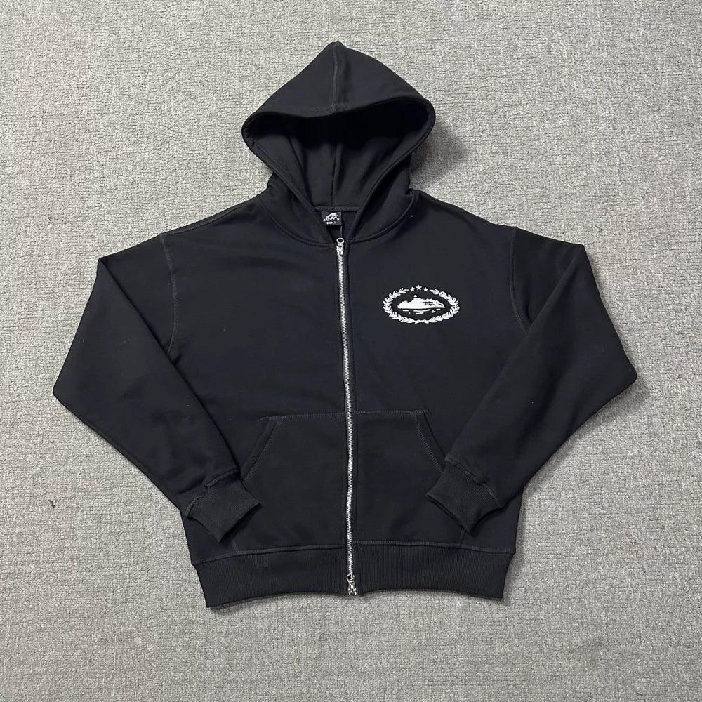 Black Zip-Up Hoodie | Minimalist Streetwear Hoodie with Embroidered Logo Detail