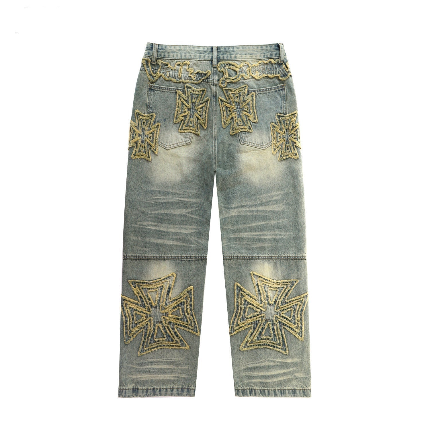 VALLEY Vintage Cross‑Shaped Towel‑Embroidered Baggy Jeans, Washed‑Blue Unisex Streetwear Denim Pants