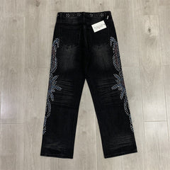VALLEY Gradient Rhinestone Star Washed‑Black Straight‑Leg Jeans, Y2K Hip‑Hop Unisex Denim Pants