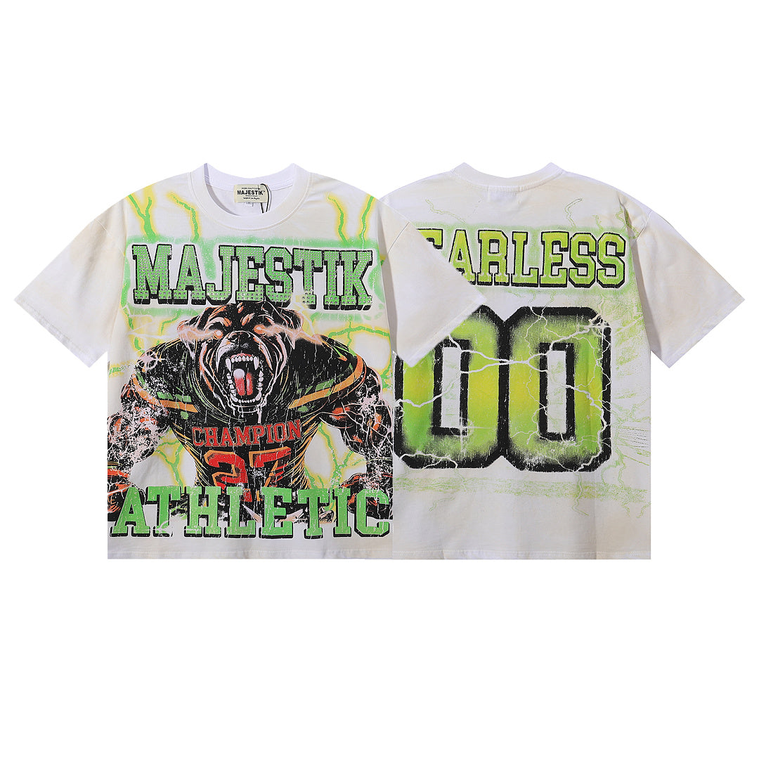 MAJESTIK Fearless Gorilla Graphic T-Shirt Unisex Off-White Y2K Electric Green Lightning Oversized Athletic Streetwear Short Sleeve Top