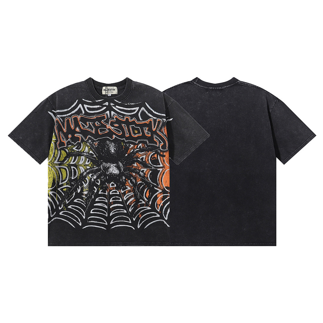 MAJESTIK Giant Spider Web Graphic T-Shirt Unisex Acid Wash Black Y2K Gothic Streetwear Oversized Short Sleeve Top