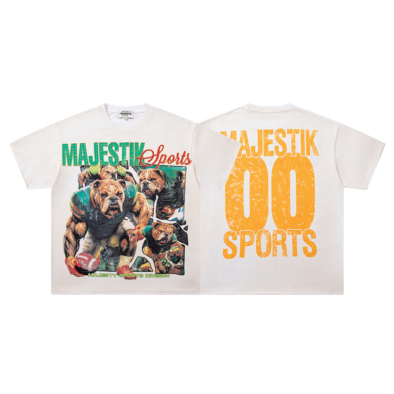 MAJESTIK Bulldog Football Graphic T-Shirt Unisex Cream Off-White Y2K Retro Sports 00 Varsity Oversized Streetwear Short Sleeve Top