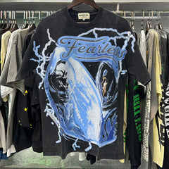 MAJESTIK Electric Lightning Fearless Graphic T-Shirt Unisex Acid Wash Black Y2K Cyber Graphic Oversized Streetwear Short Sleeve Top