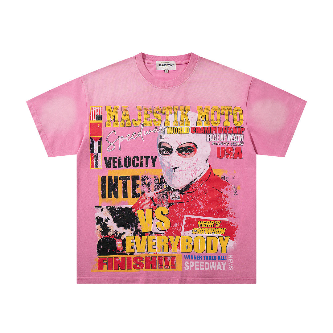 MAJESTIK Distressed Pink Graphic T-Shirt Unisex Sun-Faded Y2K Racing Pop-Art Oversized Streetwear Short Sleeve Top