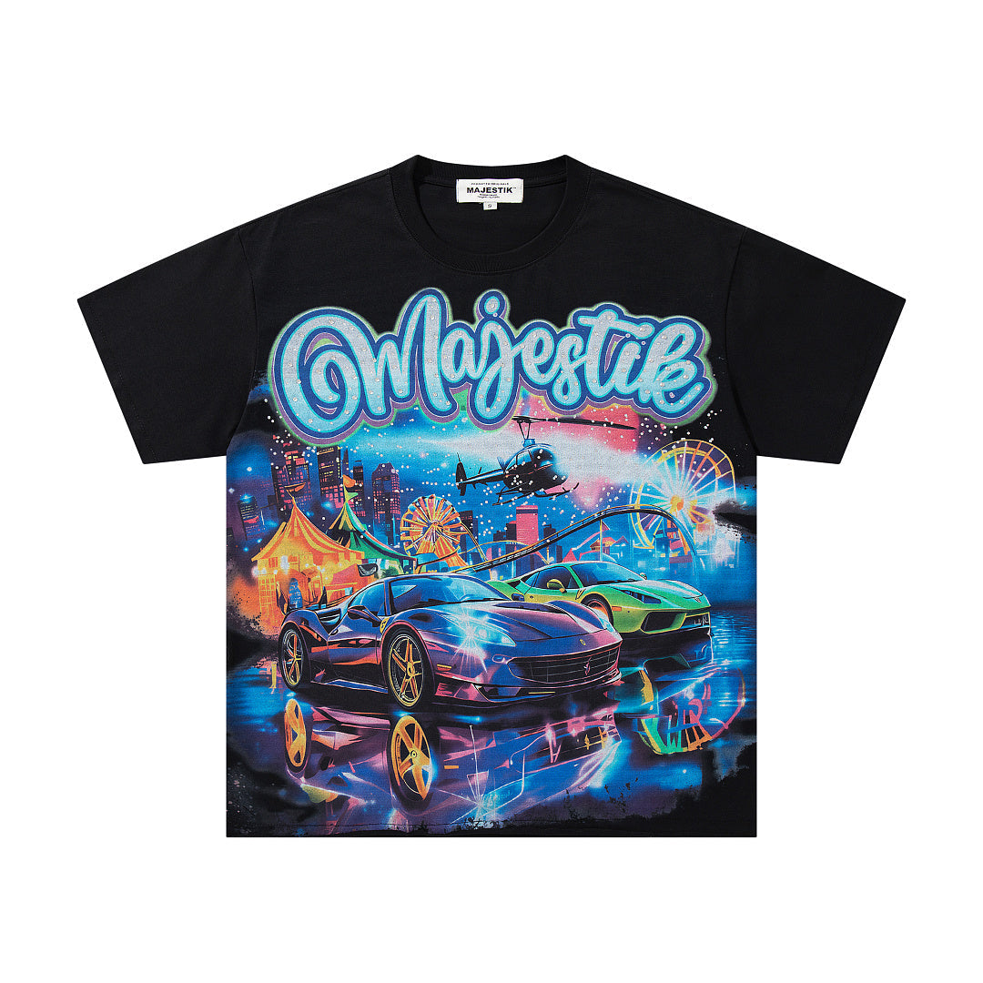 MAJESTIK Cyber Sports Car Graphic T-Shirt Unisex Black Y2K Street Racing Neon Oversized Streetwear Short Sleeve Top