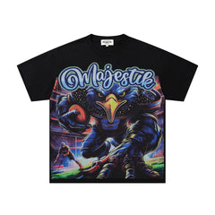 MAJESTIK Cyberpunk Mecha Monster Graphic T-Shirt Unisex Black Y2K Gothic Sci-Fi Oversized Streetwear Short Sleeve Top
