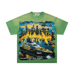 MAJESTIK Cyber Yacht World Tour Graphic T-Shirt Unisex Acid Wash Green Y2K Futuristic Skyline Oversized Streetwear Short Sleeve Top