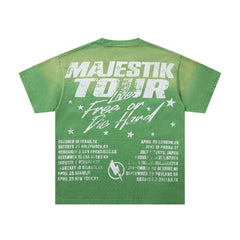 MAJESTIK Cyber Yacht World Tour Graphic T-Shirt Unisex Acid Wash Green Y2K Futuristic Skyline Oversized Streetwear Short Sleeve Top