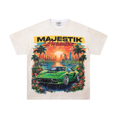 MAJESTIK Paradise Supercar Graphic T-Shirt Unisex Cream Off-White Y2K Retro Sunset Palm Tree Oversized Streetwear Short Sleeve Top