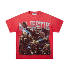 MAJESTIK Football Grizzly World Tour Graphic T-Shirt Unisex Red Y2K Live Free Or Die Hard Oversized Streetwear Short Sleeve Top