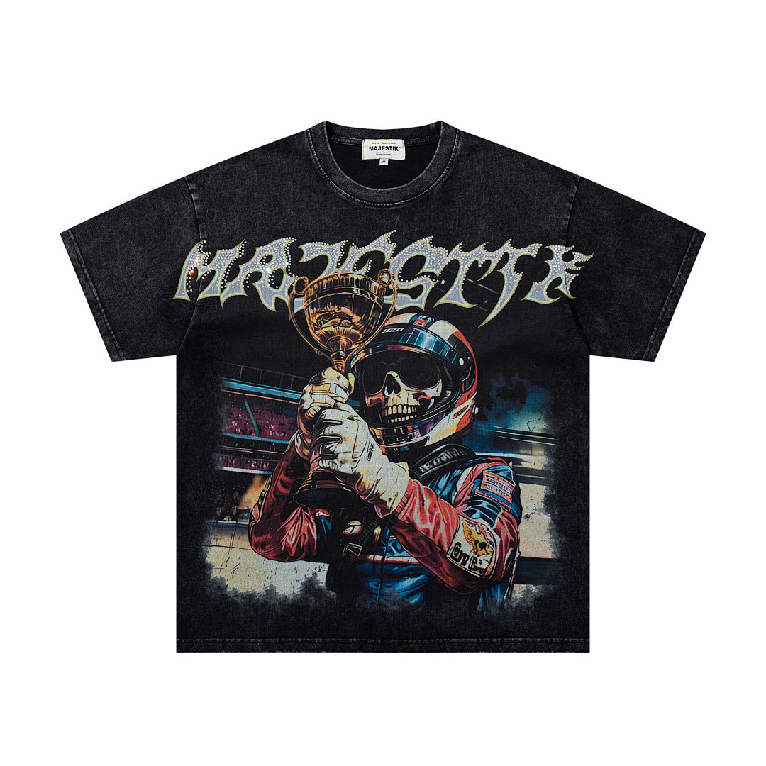 MAJESTIK Racing Champion Trophy Graphic T-Shirt Unisex Acid Wash Black Y2K Motorsport Oversized Streetwear Short Sleeve Top