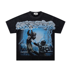 MAJESTIK Electric Lightning Football Player Graphic T-Shirt Unisex Acid Wash Black Y2K Cyber Athletic Oversized Streetwear Short Sleeve Top