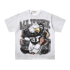 MAJESTIK Eagle Football Mascot Graphic T-Shirt Unisex Washed Gray Y2K Sports Merch Oversized Streetwear Short Sleeve Top