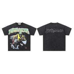 MAJESTIK Football Player Graphic T-Shirt Unisex Washed Black Y2K Sports Gothic Oversized Streetwear Short Sleeve Top
