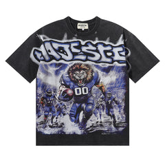 MAJESTIK Cyber Beast Gorilla Football Graphic T-Shirt Unisex Acid Wash Black Y2K Electric Lightning Oversized Streetwear Short Sleeve Top