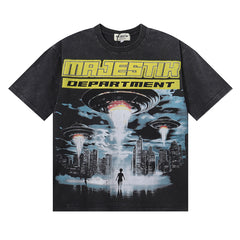 MAJESTIK World Invasion UFO Graphic T-Shirt Unisex Acid Wash Black Y2K Cyberpunk Sci-Fi Heavyweight Oversized Streetwear Short Sleeve Top