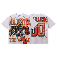 MAJESTIK Cyber Beast Football Graphic T-Shirt Unisex Washed White Y2K Orange Lightning Fearless 00 Varsity Oversized Streetwear Short Sleeve Top